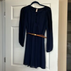 Navy blue lined sheer sleeved dress with belt